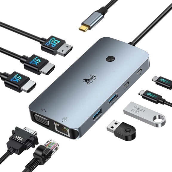 Laptop Docking Station 4 Monitors, 9 in 1, Dual HDMI+DP+VGA, 100W PD, 5Gbps, 3 USB C/A Ports, Ethernet, Docking Station Dual Monitor, USB C Hub for Dell/HP/Surface/MacBook