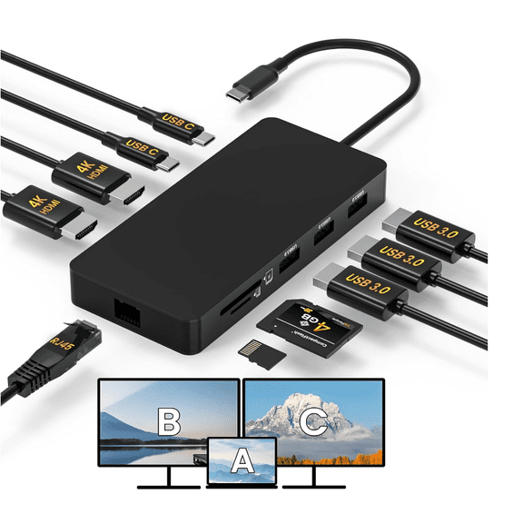 Laptop Docking Station Dual 4K HDTV Monitor, Fophmo USB C to 2 HDTV Splitter Extended Display, 1000Mbps LAN, USB A&C 3.0 Ports(10Gbps), SD/TF Card, 100W PD Charging, MacOS Only Mirrors Same Screen