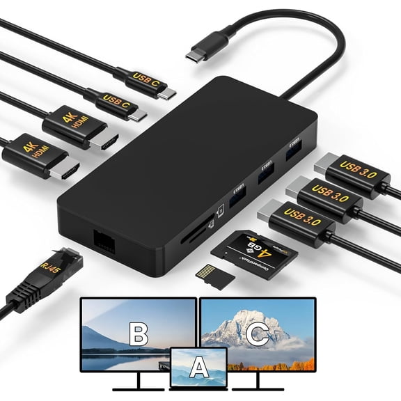 Laptop Docking Station Dual 4K HDTV Monitor, USB C to 2 HDTV Splitter Extended Display, 1000Mbps LAN, USB A&C 3.0 Ports(10Gbps), SD/TF Card, 100W PD Charging, MacOS Only Mirrors Same Screen