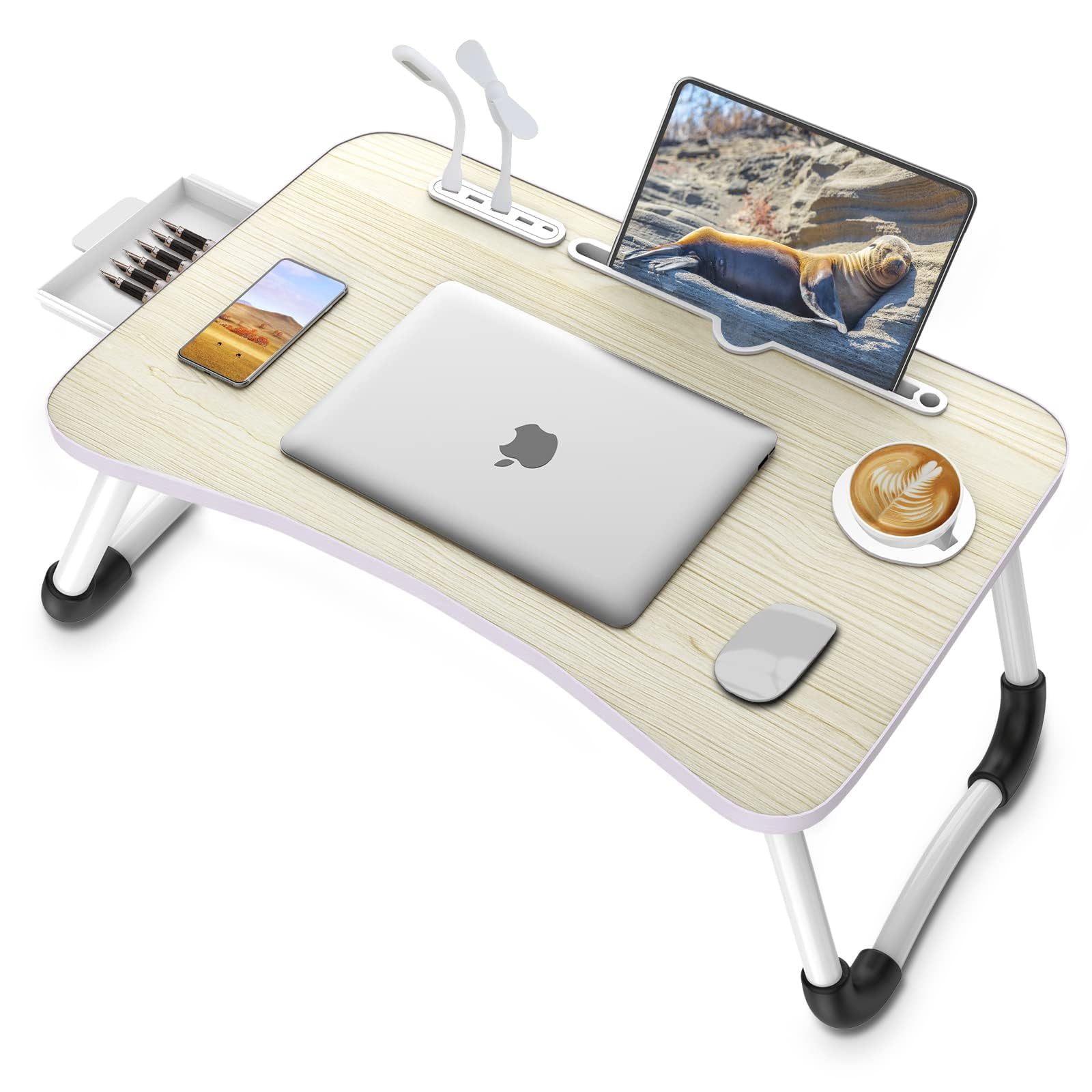 Laptop Lap Desk  Foldable Table Tray With 4 Usb Ports Storage Drawer And Cup Holder Bed Notebook Stand Laptray Portable Standing For Couch Floor