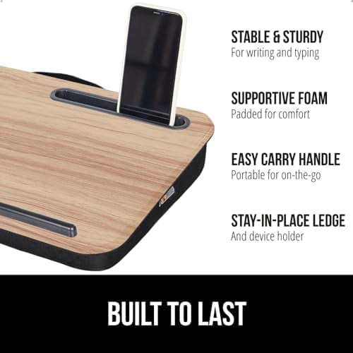 Laptop Lap Desk with Phone Holder, Pillow Cushion Desks Fit Laptops up to 15.6", Gifts for Home, Portable Travel Workstation, Tray Ledge Keep Computers in Place, Light Wood Color