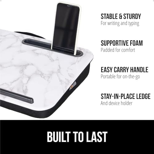 Laptop Lap Desk with Phone Holder, Pillow Cushion Desks Fit Laptops up to 15.6", Gifts for Home, Portable Travel Workstation, Tray Ledge Keep Computers in Place, Marble Pattern