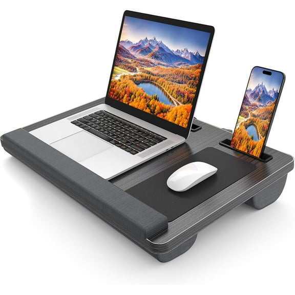 Laptop Lap Desk, Portable Large Desk for Bed, Up to 17 Inch Pad Tray with Wrist Rest, Mouse Pad, Tablet Phone Slot, Handle, Cushion (Black)
