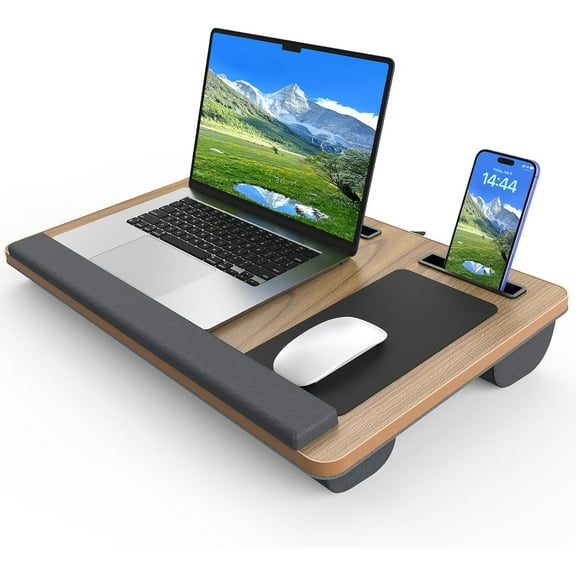 Laptop Lap Desk, Portable Large Laptop Desk for Bed, Up to 17 in Lap Table with Wrist Rest, Mouse Pad, Tablet Phone Slot, Portable Handle, Cushion (Dark Brown Woodgrain)