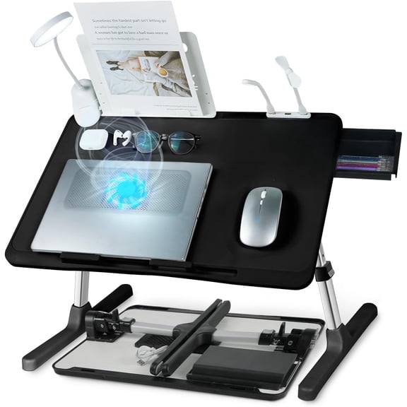 Laptop Lap Desk with Cooling Fan - Adjustable with Light, USB, Storage Drawer - Folding Bed Desk,22.04"*12.59",Black