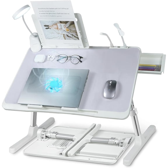 Laptop Lap Desk with Cooling Fan - Adjustable with Light, USB, Storage Drawer - Folding Bed Desk,22.04"*12.59",Grey