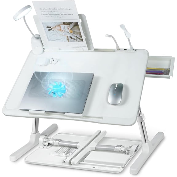 Laptop Lap Desk with Cooling Fan - Adjustable with Light, USB, Storage Drawer - Folding Bed Desk,22.04"*12.59",White
