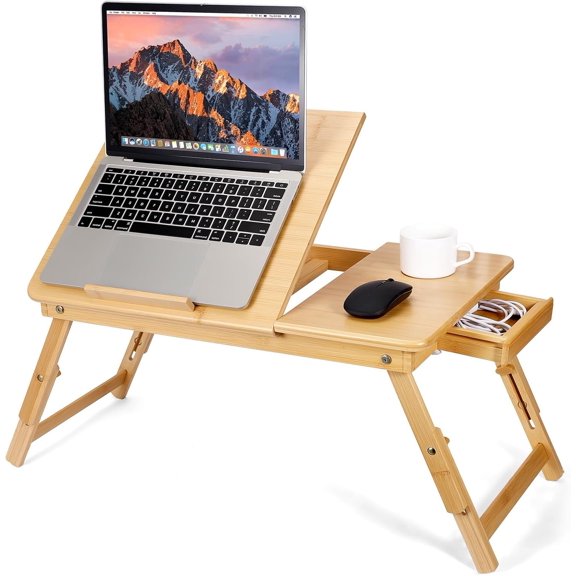 Laptop Lap Desk with Vent, Folding Lap Tray Table with Adjustable Height, Tilting Top and Drawer, Portable for Bed Couch Working Reading Writing