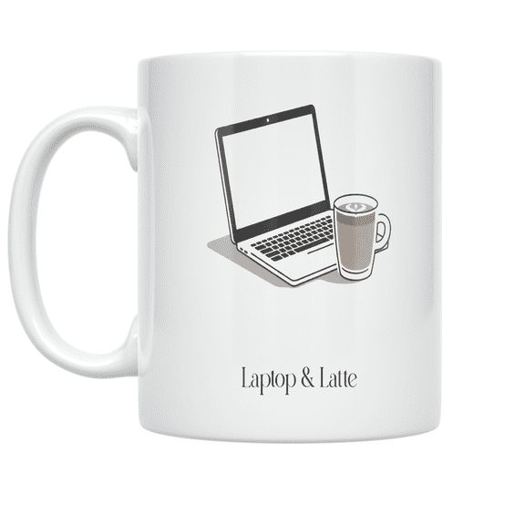 Laptop & Latte Minimalist Design - Remote Work Enthusiast - 11 oz Ceramic Coffee Mug