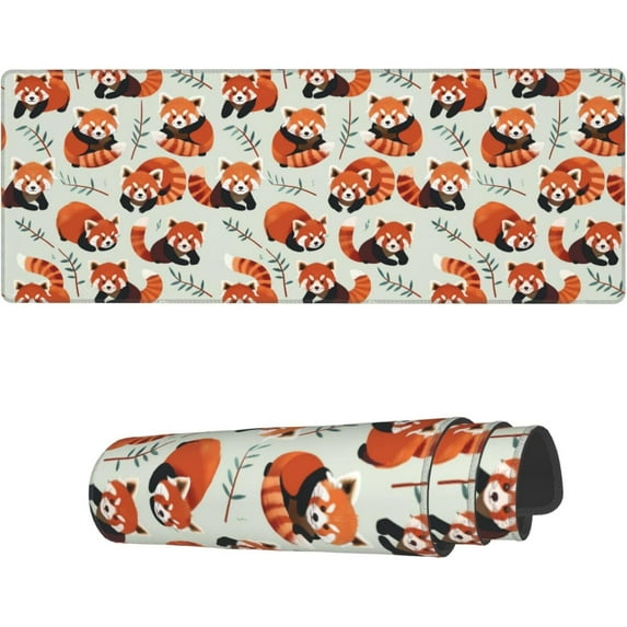 Laptop Mouse Pad Leaves Red Panda Cute Desk Mat with Stitched Edges 31.5X 11.8 inch Non-Slip Large Keyboard Rubber Writing Table Mat for Office Home