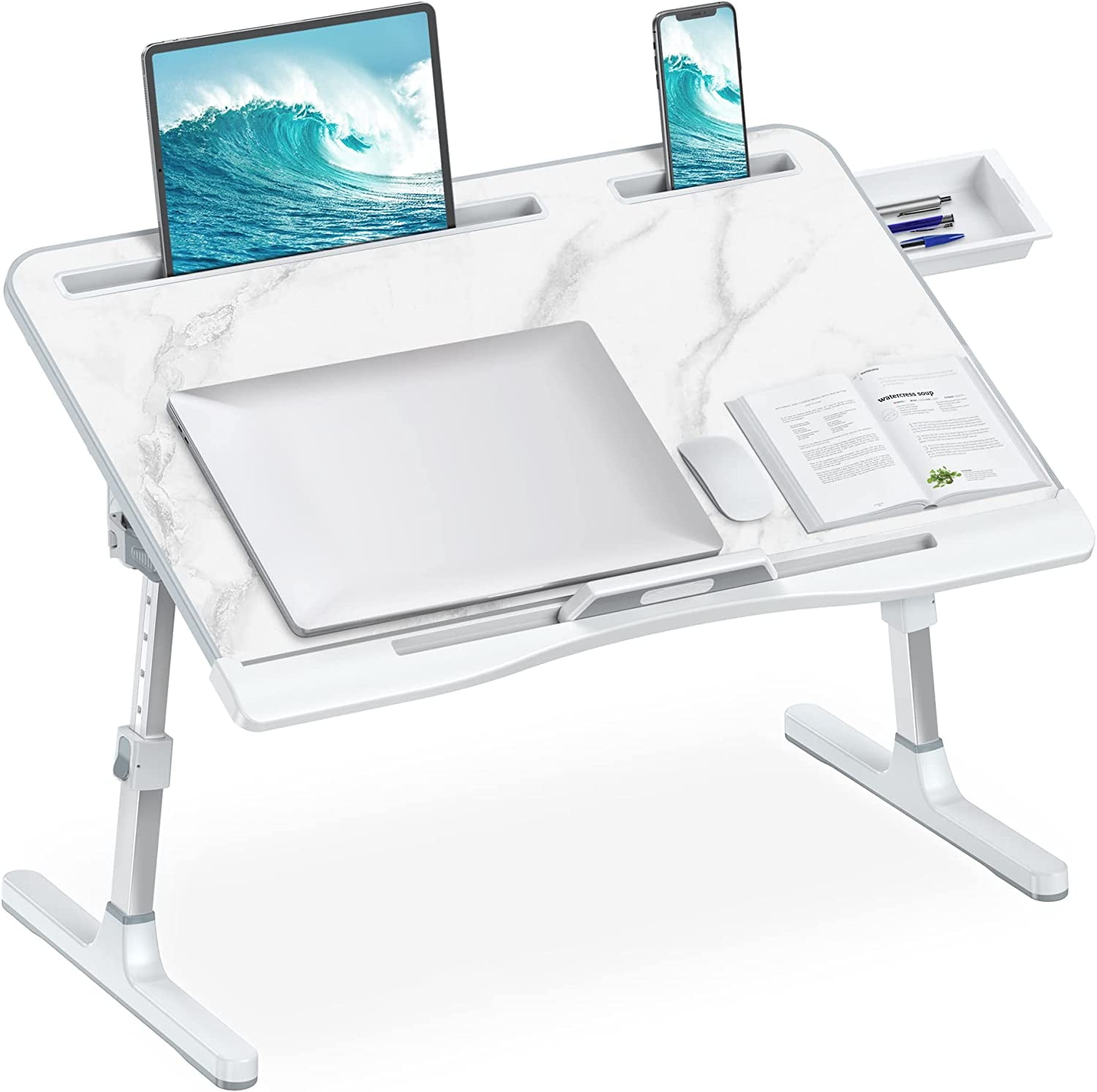 Laptop Overbed Desk with Drawer, Extra Large Foldable Overbed Desk Tray, (Marble, 23.6" x 15.7")