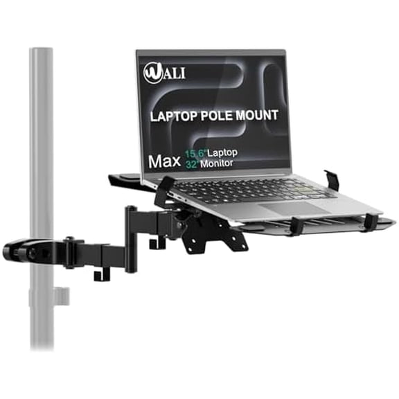 Laptop Pole Mount, Adjustable Laptop Arm Holder Fits 10"-15.6" Laptops, 2-in-1 Full Motion Monitor Mount with Removable Tray, VESA 75x75 or 100x100 mm, Holds up to 15.4lbs(011ARMLPN), Black