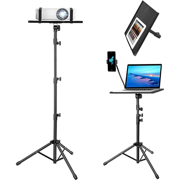 Laptop Projector Tripod Stand, Universal Portable Floor Holder Mount Stand for DJ Equipment,Office,Stage,Studio,Podium,Adjustable Height 25 to 50 Inch, with Tray and Gooseneck Phone