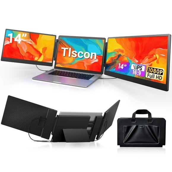 Tlscon Laptop Screen Display Extender, 14 Inch 1080P FHD Portable Monitor with Built-in Stand and Dual Speakers for 13''-16.1'' Laptops, Plug and Play, Compatible with Winds, MacOS, Chrome, PS
