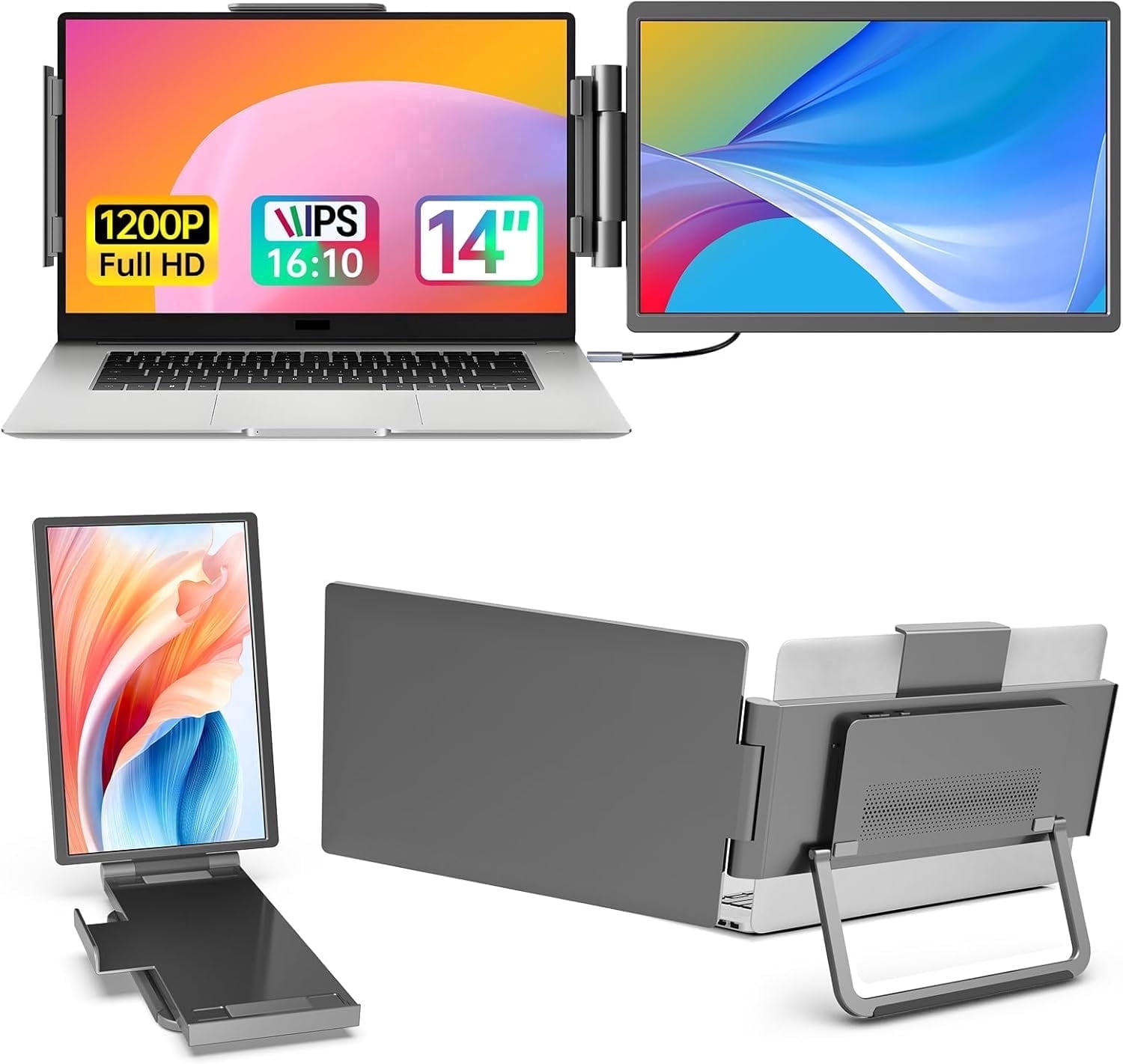Laptop Screen Extender,14" 16:10 FHD 1200P IPS Dual Screen,Attachment Screen Extended Extra Screen, Portable Monitor for Laptops 14-16" with USB-C/HDMI Port