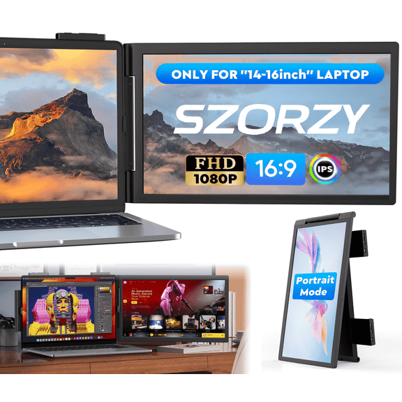 Laptop Screen Extender, 14" FHD 1080P IPS Laptop Monitor Extender Dual Screen, Portable Monitor for Laptops 13-17" with USB-C/HDMI Port, Plug n Play for Windows/Mac/Android/Switch/PS5 - SZORZY
