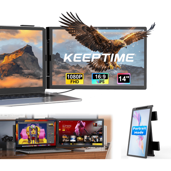 KEEPTIME 14" FHD 1080P IPS Laptop Screen Extender, Portable Monitor for 14-17" Notebooks, Dual Display with USB-C HDMI, Plug and Play for Windows Mac Android Switch PS5