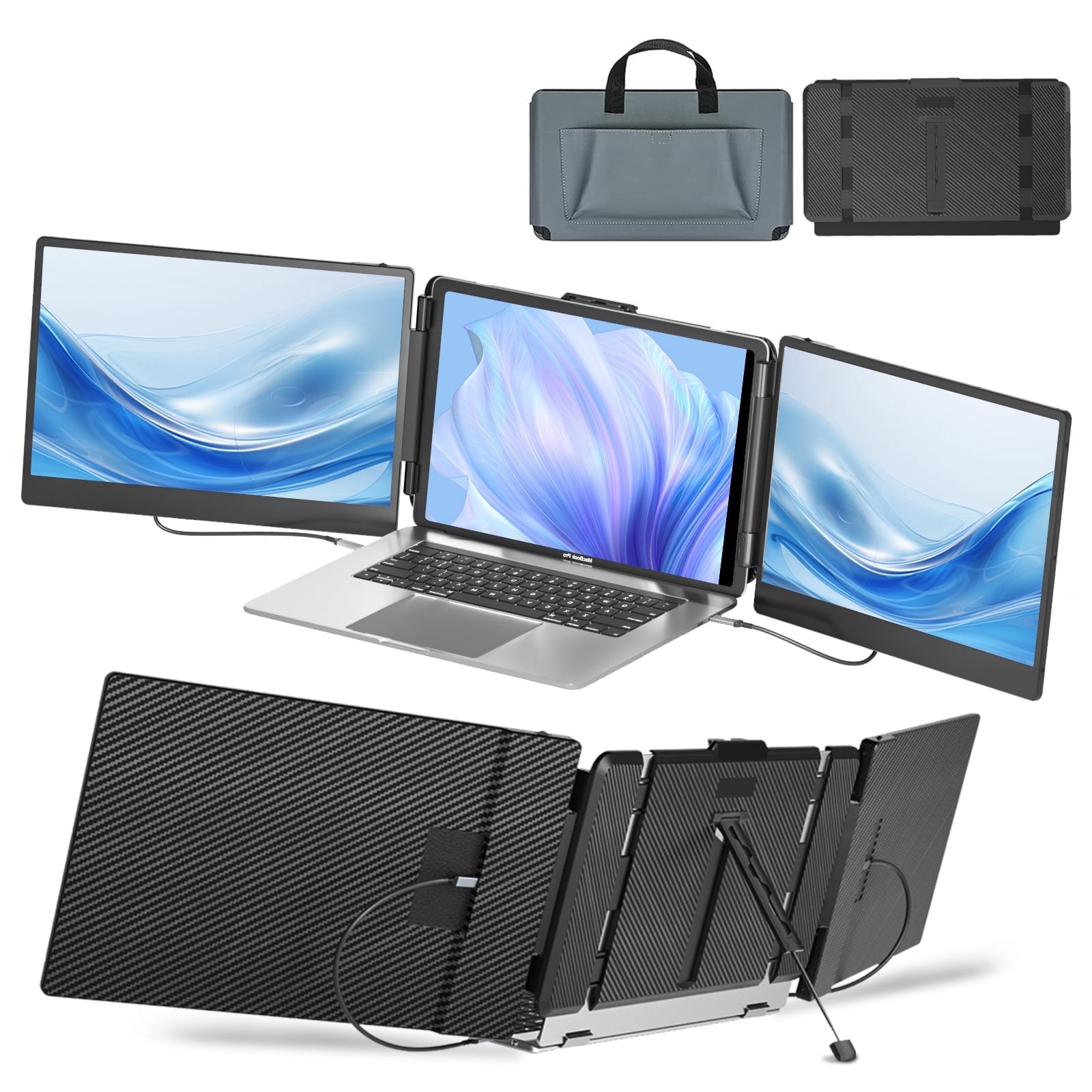 Laptop Screen Extender, 14" FHD 1080P IPS Triple Portable Monitor for 13''-17" Laptops, Built-in Speakers & Adjustable Stand, HDMI/USB-A/USB-C for Mac/Windows/Chrome/ Switch, Plug and Play