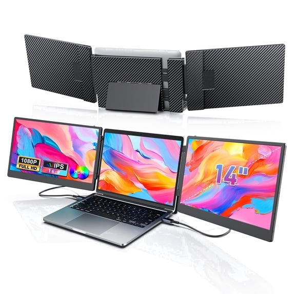Laptop Screen Extender, 14" FHD 1080P Triple Portable Monitor for 13"-16.1" Laptops, Ultra-Slim IPS Display with Built-in Stand & Dual Speakers, HDMI/Type-C/USB-A Plug and Play, Travel/Home/Office