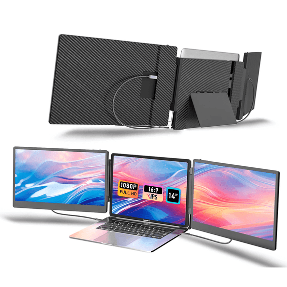 Laptop Screen Extender, 14-Inch Triple Screen Laptop Monitor with Foldable Stand & Speakers, Compatible with 13-17.3" Laptops with USB-C/HDMI Port for Windows/Mac/Chrome/Switch/PS5, Plug and Play