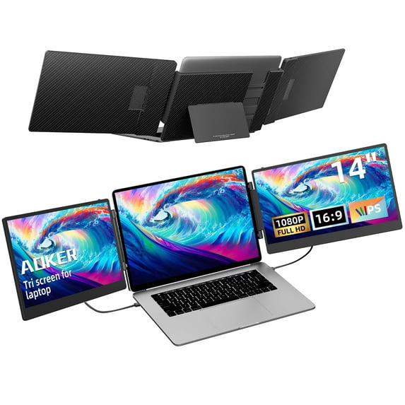Laptop Screen Extender Monitor - 14" FHD 1080P IPS Triple Portable Monitor for Laptop Build-in Stand HDMI/USB-A/Type-C Plug and Play Compatible with Windows/Mac/Android/Switch/PS5
