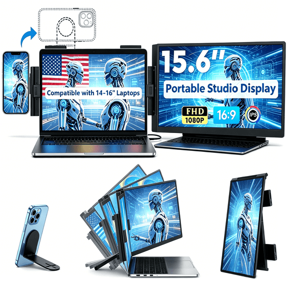 Laptop Screen Extender Portable Monitor with Phone Mount & Multi-Device Control 15.6",FHD IPS for 14-16" Laptops,USB-C HDMI Travel Studio for Remote Work Streaming Triple Screen