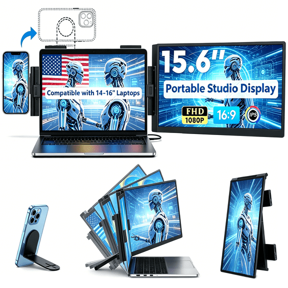 Laptop Screen Extender Portable Monitor with Phone Mount & Multi-Device Control 15.6",FHD IPS for 14-16" Laptops,USB-C HDMI Travel Studio for Remote Work Streaming Triple Screen