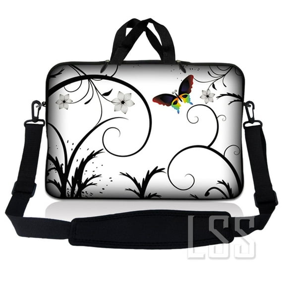 Laptop Skin Shop 12 - 13.3 inch Neoprene Laptop Sleeve Bag Carrying Case with Handle and Adjustable Shoulder Strap - White Butterfly Escape Floral
