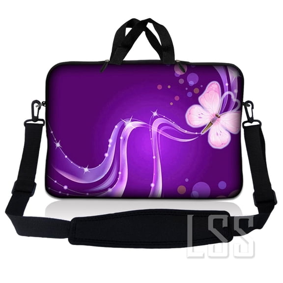 Laptop Skin Shop 8-10.2 inch Neoprene Laptop Sleeve Bag Carrying Case with Handle and Adjustable Shoulder Strap - Purple Butterfly Floral
