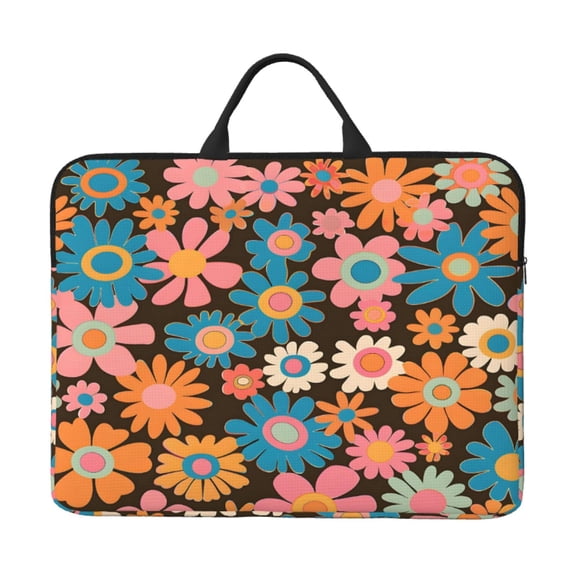 Laptop Sleeve Bag 14 Inch Waterproof Protective Computer Carrying Case With Handle Women Men Travel Commuter Essential Retro Groovy Flowers Pattern