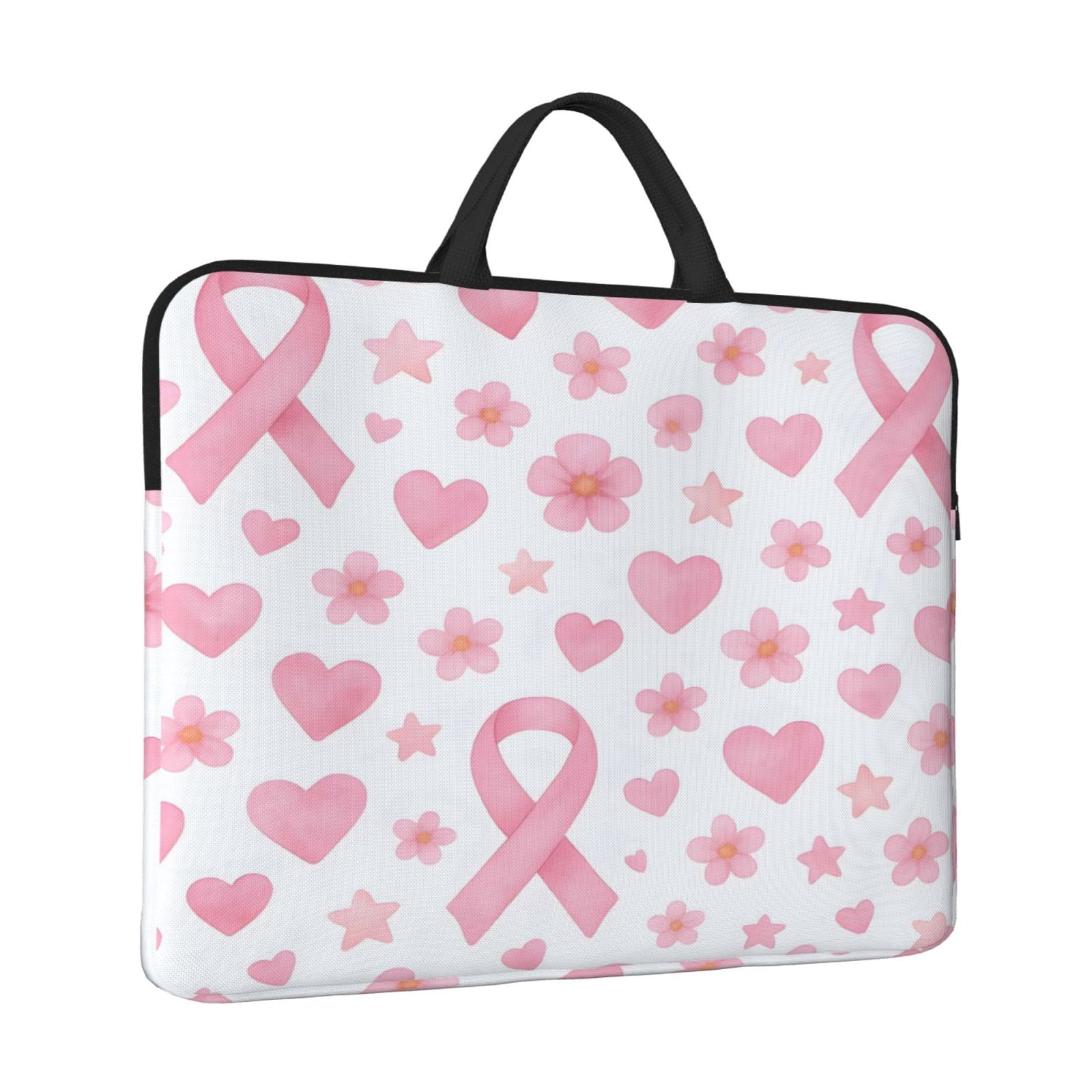 Laptop Sleeve Bag For Women Men 14inch Waterproof Durable Protective Computer Carrying Cover Handle Laptop Case Bag Watercolor Pink Ribbon Pattern With Hearts And Stars