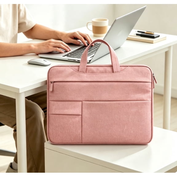 Laptop Sleeve Case 14 inch, with Large Capacity Side Pockets and Durable Handle, Waterproof, Shockproof, Padded Compartments, Zippered Accessory Storage, Pink