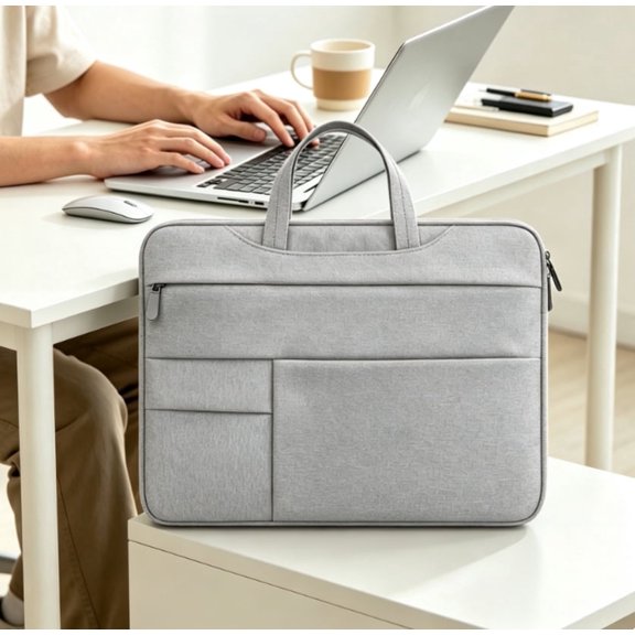 Laptop Sleeve Case 15 inch, with Large Capacity Side Pockets and Durable Handle, Waterproof, Shockproof, Padded Compartments, Zippered Accessory Storage, Gray