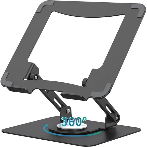 Laptop Stand with 360° Rotating Base, Ergonomic Computer Riser for Desk, Adjutable Height Muti-Angle, Foldable Laptop Mount, Stable Metal Holder Support 10-15.6" Notebook PC, Black