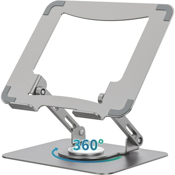 Laptop Stand with 360 Rotating Base, Ergonomic Computer Riser for Desk, Adjutable Height Muti-Angle, Foldable Laptop Mount, Stable Metal Holder Support 10-15.6" Notebook PC, Silver Grey