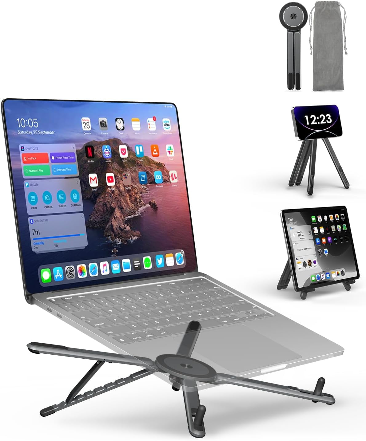 Laptop Stand for Desk, 3 in 1 Foldable Aluminum Alloy Holder for 10-16'' Laptops and 4-13'' Phones/Tablets with Magnetic Tripod, 8-Level Height Adjustable & Portable for Travel Home Office