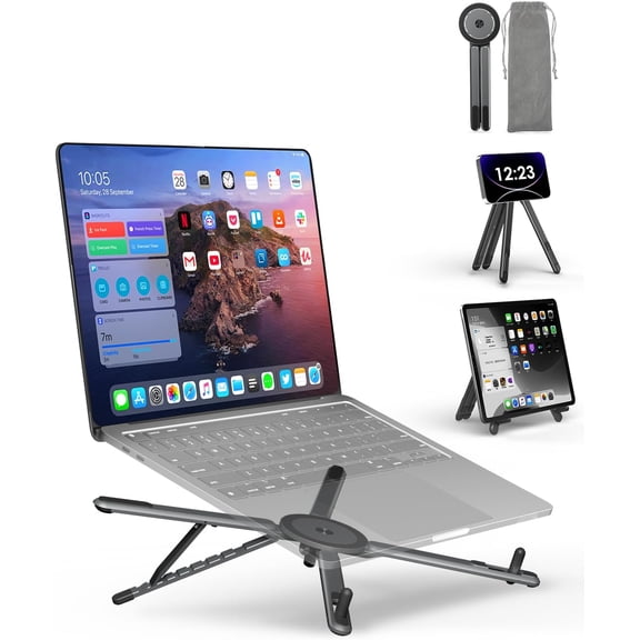 Laptop Stand for Desk, 3 in 1 Foldable Aluminum Alloy Holder for 10-16'' Laptops and 4-13'' Phones/Tablets with Magnetic Tripod, 8-Level Height Adjustable & Portable for Travel Home Office
