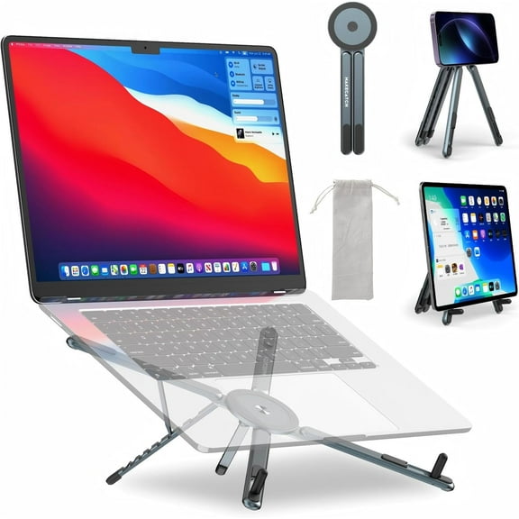 Laptop Stand for Desk, 3 in 1 Portable Magnetic Tripod Cell Phone Holder, Foldable Aluminum Alloy Ergonomic 8-Level Adjustable Travel Laptop Riser, Versatile Stand for 4–16" Phone, Tablet and Laptop