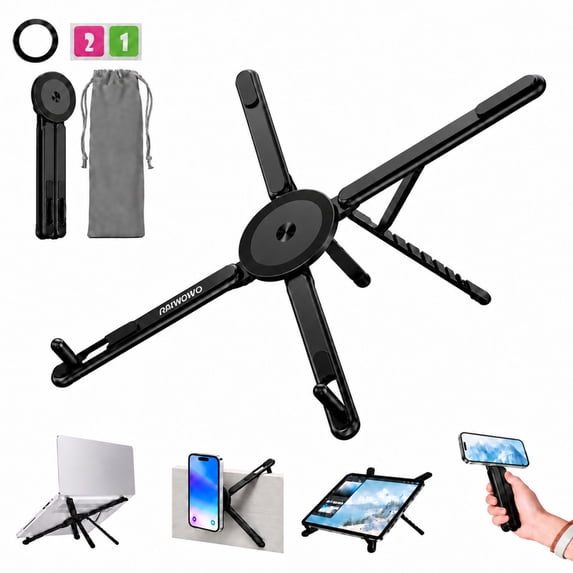 Laptop Stand for Desk, 3-in-1 Portable Foldable Aluminum Laptop Riser with Magnetic Phone Holder, 8-Level Adjustable Computer and Tablet Stand for MacBook, iPad, Dell, Home Office and Travel, Black