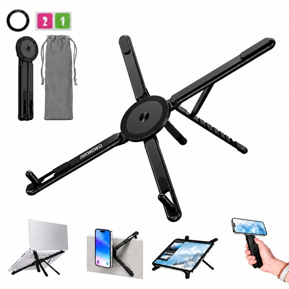 Laptop Stand for Desk, 3-in-1 Portable Foldable Aluminum Laptop Riser with Magnetic Phone Holder, 8-Level Adjustable Computer and Tablet Stand for MacBook, iPad, Dell, Home Office and Travel, Black