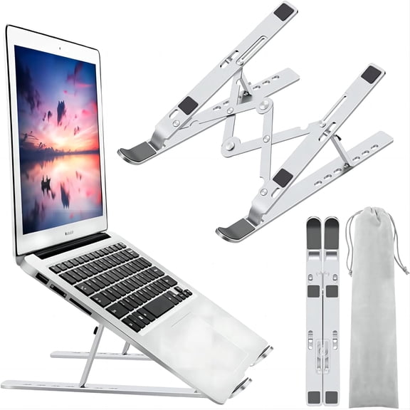 Laptop Stand for Desk, Ergonomic Design Adjustable Aluminum Foldable Portable Computer Stand, Compatible with MacBook Air Pro, HP, Lenovo, Dell, More 10-15.6”Inch and Tablets (Silver)
