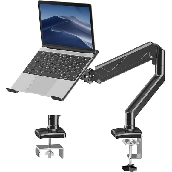 Laptop Stand Desk Mount, 2 in 1 Function, Gas Spring Arm Fits Max 17" Notebook and 32" Computer Screen, Single Monitor Mount with Tray, Holds up to 17.6lbs