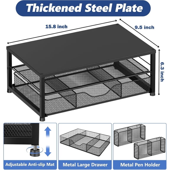 Laptop Stand Desk Organizer, 2-Tier Metal Monitor Stand Riser with Drawer & 2 Pen Holders, Ventilated Perforated Steel Top, Office Desk Accessories for Home Office, Black
