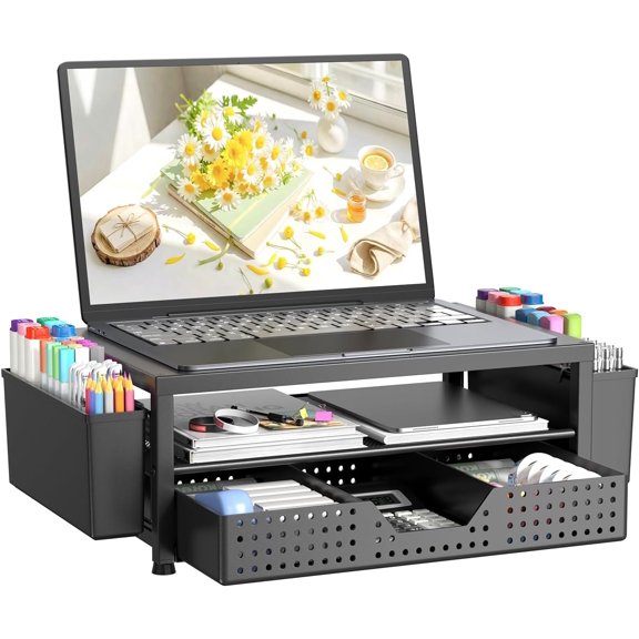 Laptop Stand Desk Organizer, 2-Tier Metal Monitor Stand Riser with Drawer & 2 Pen Holders, Ventilated Perforated Steel Top, Office Desk Accessories for Home Office, Black