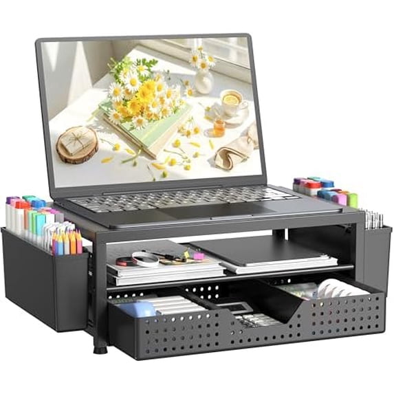 Laptop Stand Desk Organizer, 2-Tier Metal Monitor Stand Riser with ...