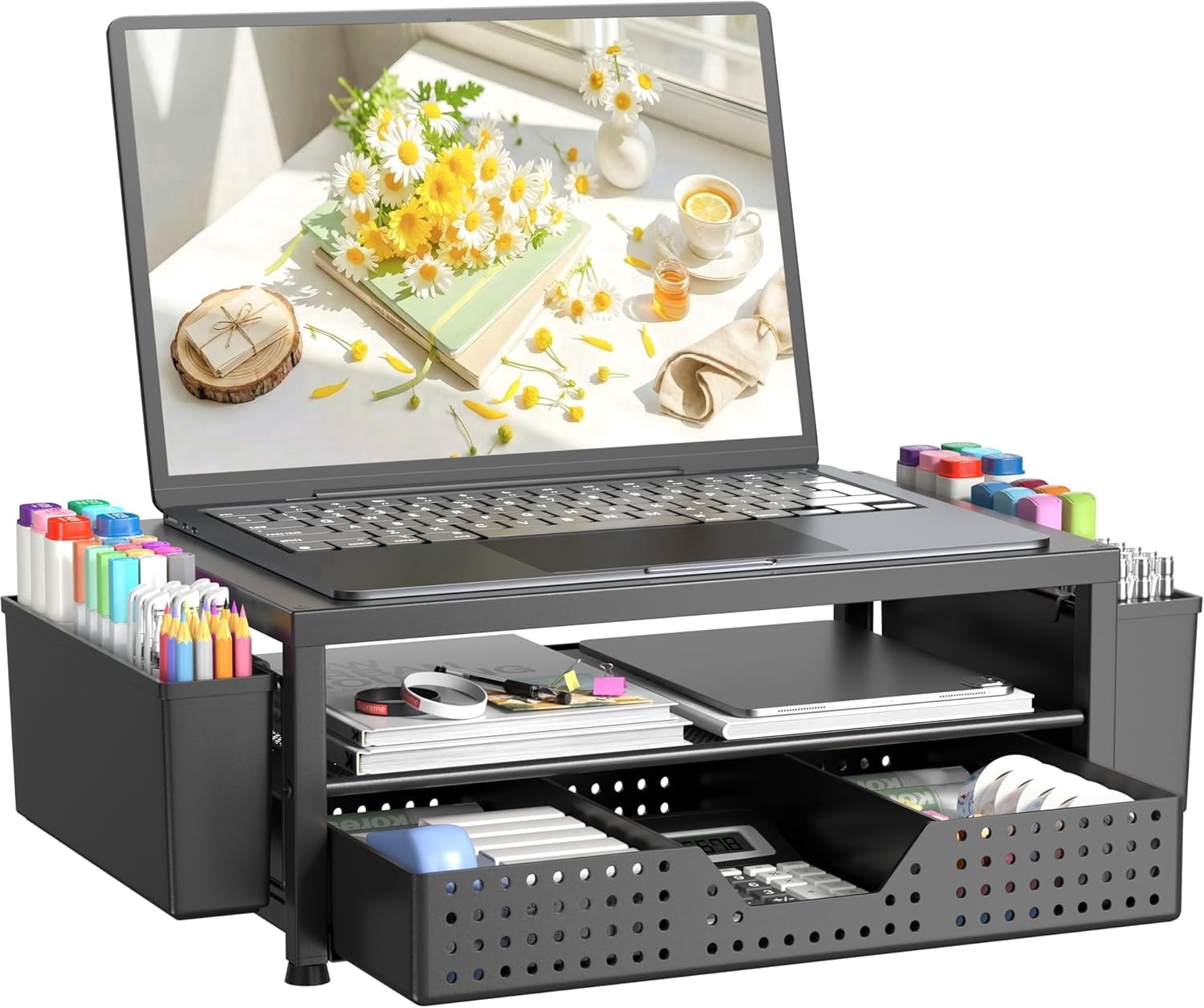 Laptop Stand Desk Organizer, 2-Tier Metal Monitor Stand Riser with Drawer & 2 Pen Holders, Ventilated Perforated Steel Top, Office Desk Accessories for Home Office, Black