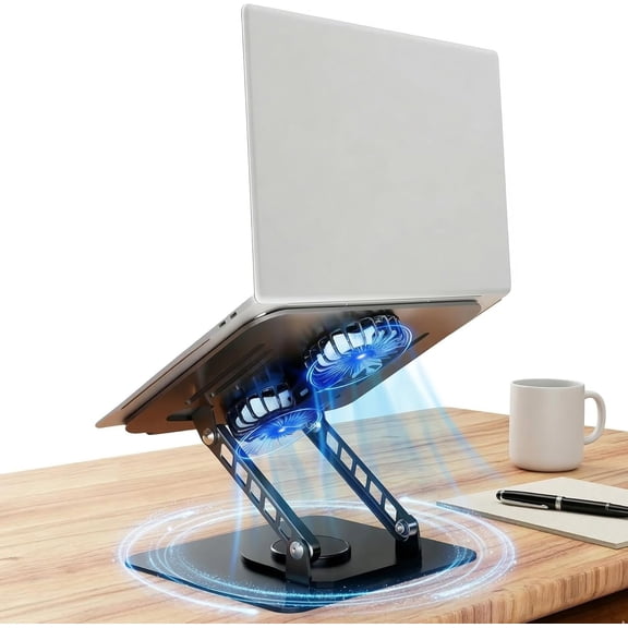 Laptop Stand for Desk with Quiet Cooling Fans - 360 Rotating Base Ergonomic Computer Stand, Aluminum Laptop Riser Foldable Protable for Office Home fits MacBook Air Pro, Dell, HP (10-17.3'')