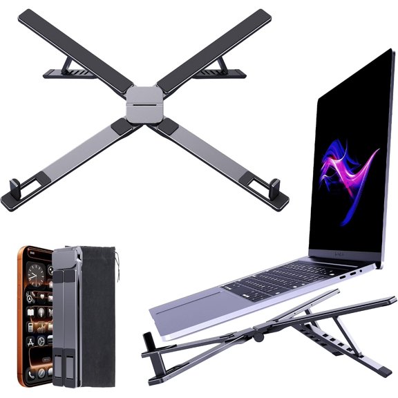 Laptop Stand for Desk & Travel, Portable  Alloy 3-in-1 Riser Holder for Laptop/Tablet/Phone, 6-Level X-Frame Foldable Stand Compatible with MacBook Air Pro///iPad/ - Gray