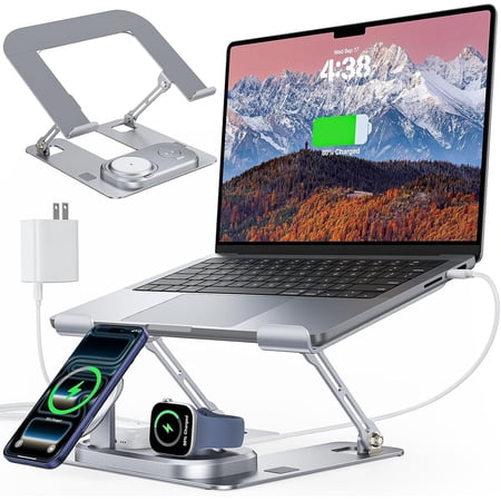 Laptop Stand for Desk with Wireless Charging Station, Foldable Aluminum Stand for iPhone/iWatch/AirPods, 30W USB-C Charging for All Laptop, Magnetic MagSafe Compatible, Non-Slip Base, with Adapter