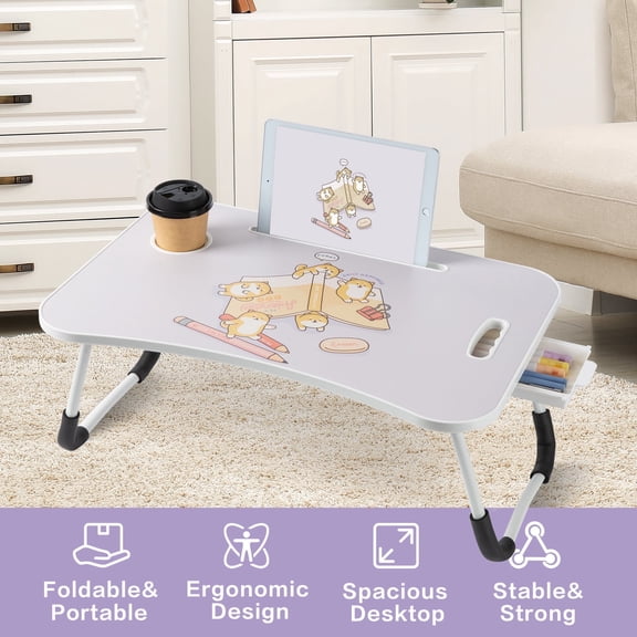 VUSIGN Foldable Lap Desk, 23.6 Inch Portable Laptop Bed Desk with Cup Holder Storage Drawer Tablet Slot, Laptop Bed Tray for Working Reading Writing Eating Bed Sofa Couch Floor